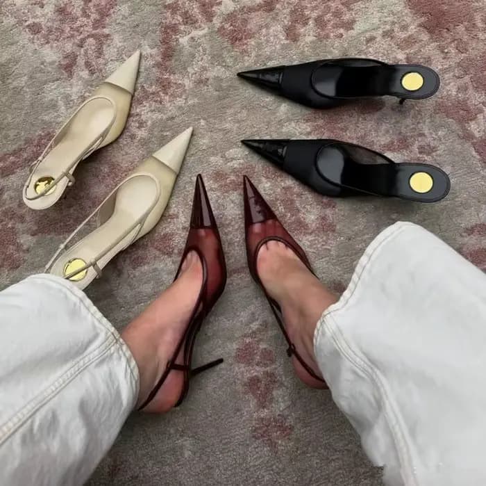 Nouvelles sandales européennes de haute couture 2026 à talons aiguilles, en tissu maillé assorti, à bout pointu, sexy et respirantes