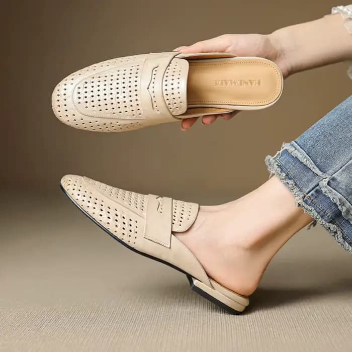 Mules d'été en cuir véritable pour femmes
