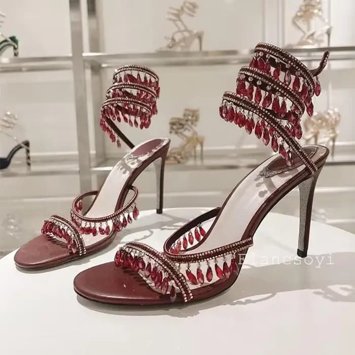 Mode talons hauts sandales femmes cristal chaîne perle serpent en forme enroulement chaussures de mariage été