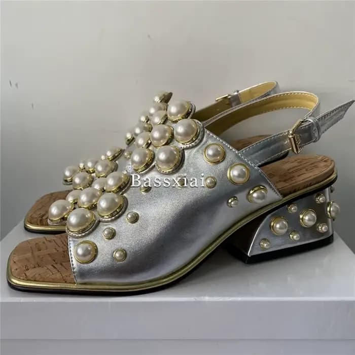 Sandales de luxe en cuir véritable pour femmes, chaussures de soirée à talons ajourés uniques, embellissement de perles, été