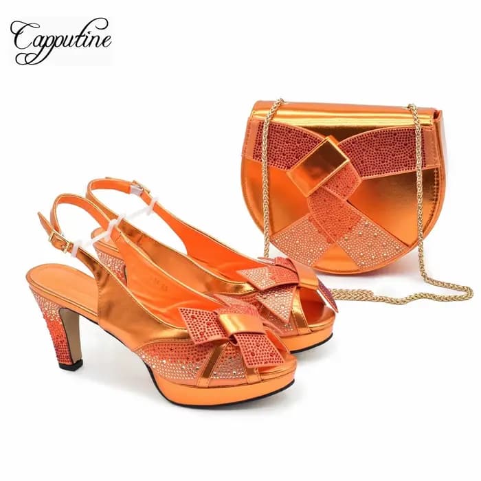 Ensemble de Chaussures et Sacs Orange pour Femme, Sandales Africaines à Talons Hauts, avec Sac à Main, Escarpins, Pochette, 938-96