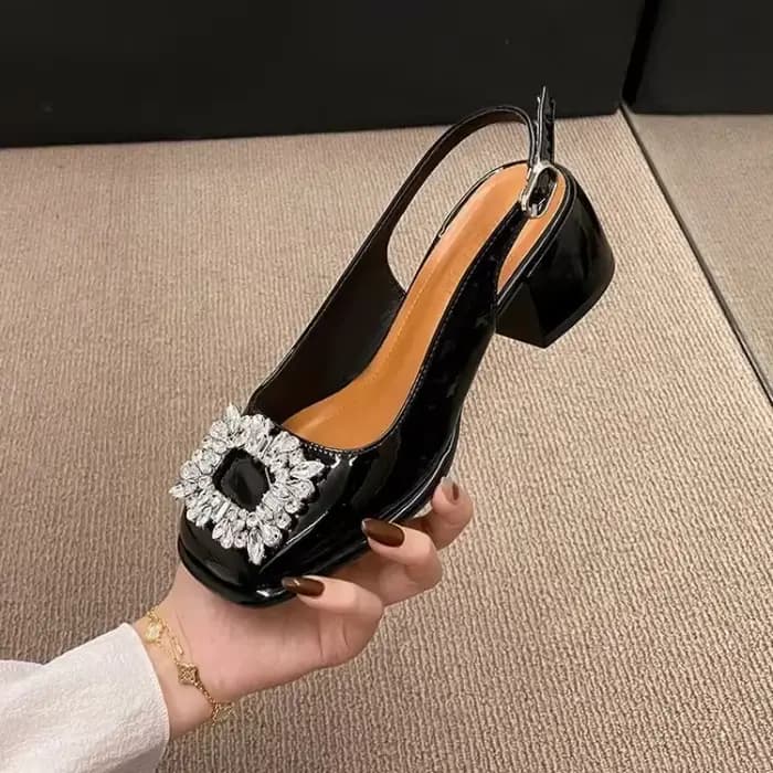 Baotou-Sandales d'Été à Tête Carrée pour Femme, Nouvelles Sandales Françaises Rétro, Diamant d'Eau, ConstruBack Hollow Optics Heel Sandals Large 42