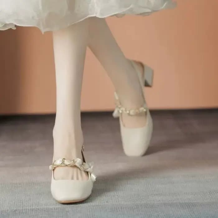 Sandales Mary Jane de style français pour femmes - Décoration perles et nœuds, bout carré, talon carré, bride arrière, confortables pour le quotidien et le bureau