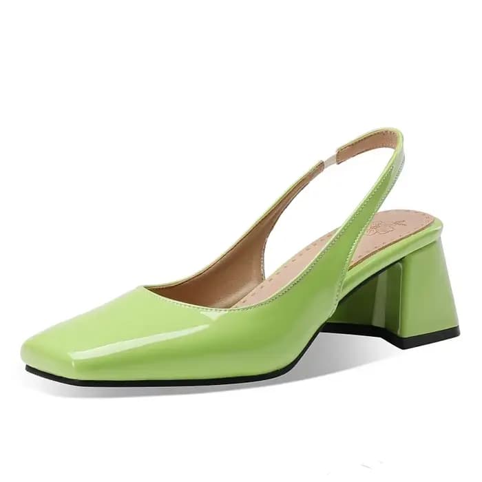 Escarpins Slingback en cuir verni vert vif | Chaussures élégantes à talons épais et bout carré