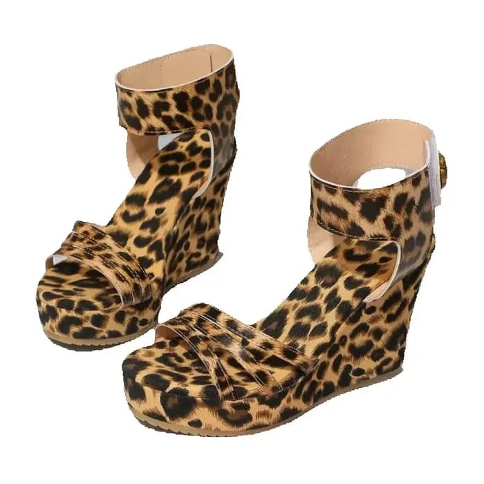 Sandales compensées en daim imprimé léopard pour femme – Confortables