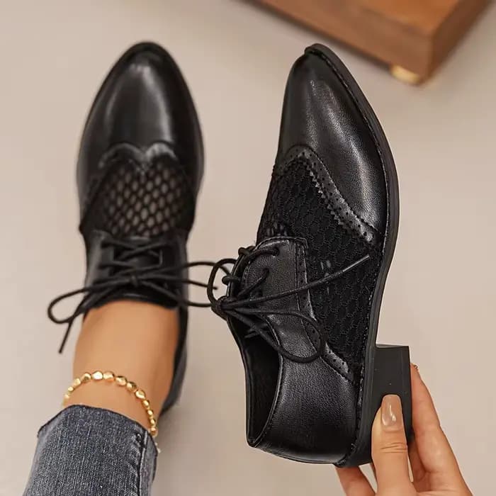 Nouvelles Chaussures Oxford à Talons Épais et Respirants pour Femmes, Grande Taille 43, Bout Pointu, en Cuir PU, Style Britannique, à Lacets