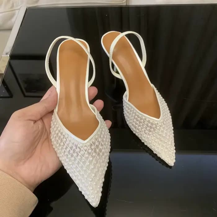 Sandales à talons hauts slingback en maille perlée pour femme – Chaussures de créateur élégantes pour mariage et soirée