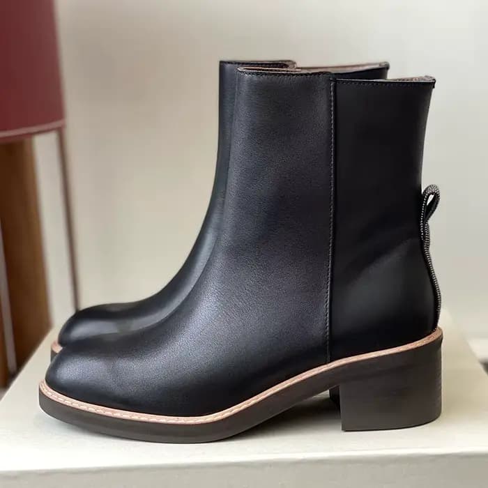 Femmes gros talon haut bottes courtes en cuir véritable bout rond fermeture éclair conception cheville Botas dames