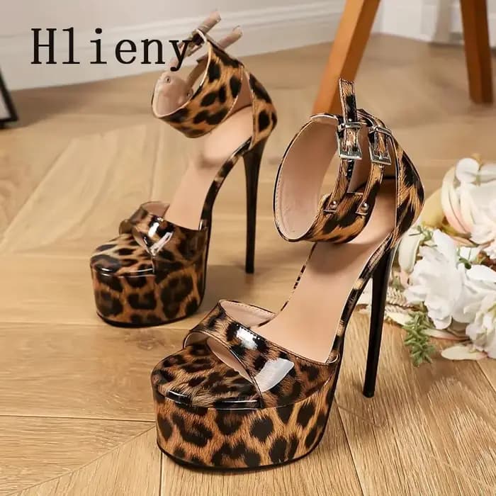 Hlieny nouveau Sexy imprimé léopard sandales femme mode cheville boucle sangle bout ouvert plate-forme talons hauts Banquet robe de soirée chaussures