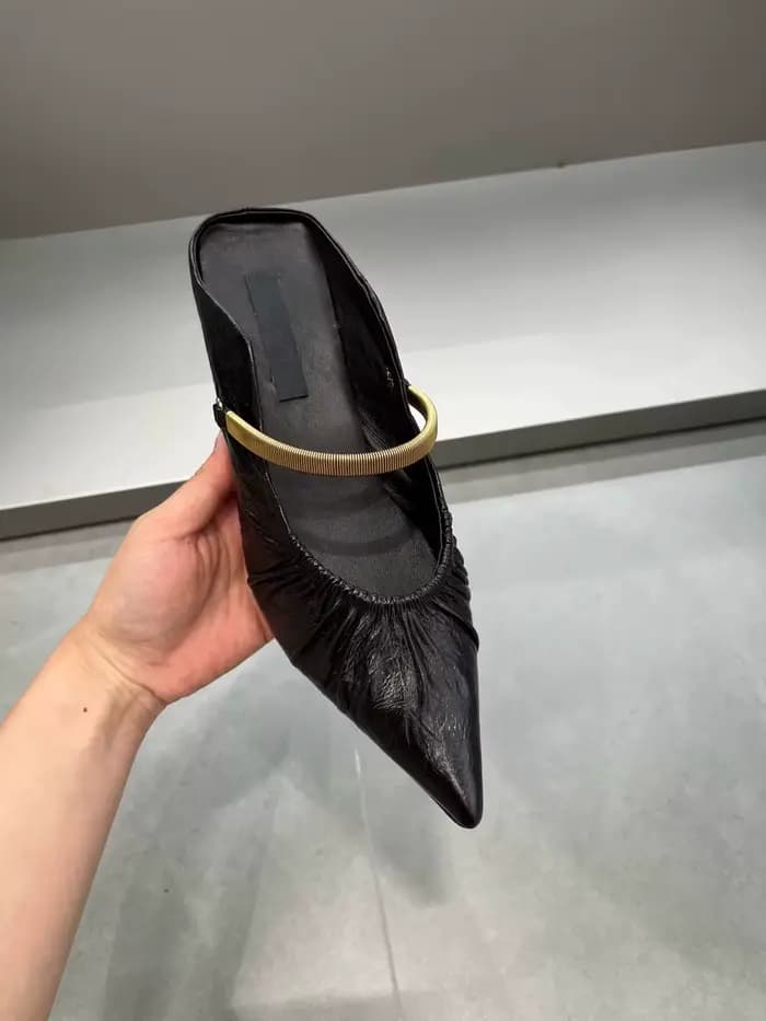 Mules à talon chaton en cuir froncé à bout pointu pour femme, avec bride métallique dorée vintage, élégantes, classiques, pour le bureau