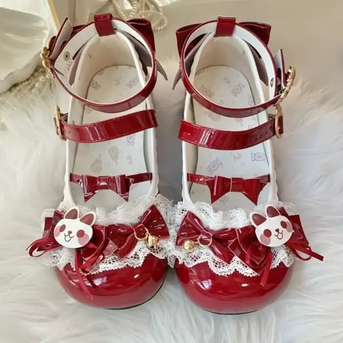 Jolies chaussures Lolita Mary Jane à talons avec nœuds lapin, dentelle et clochettes pour cosplay et goûters