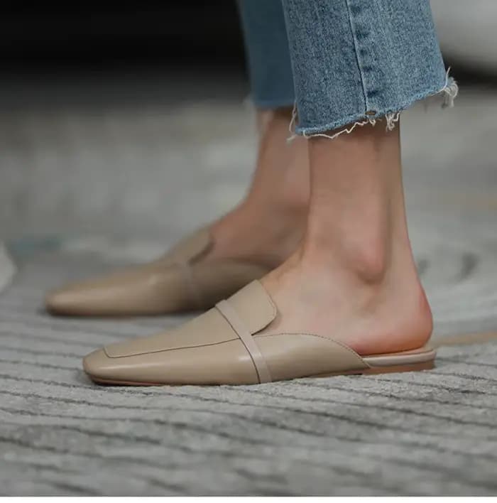Mules carrées en cuir de vache pour femmes, chaussures plates simples, pantoufles d'extérieur, style concis, printemps, automne