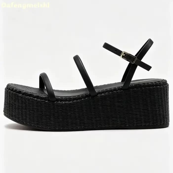 Sandales compensées à plateforme beige à fines brides, style espadrille, avec bride de cheville et bout ouvert, pour femme, chaussures décontractées d'été pour la plage et les vacances