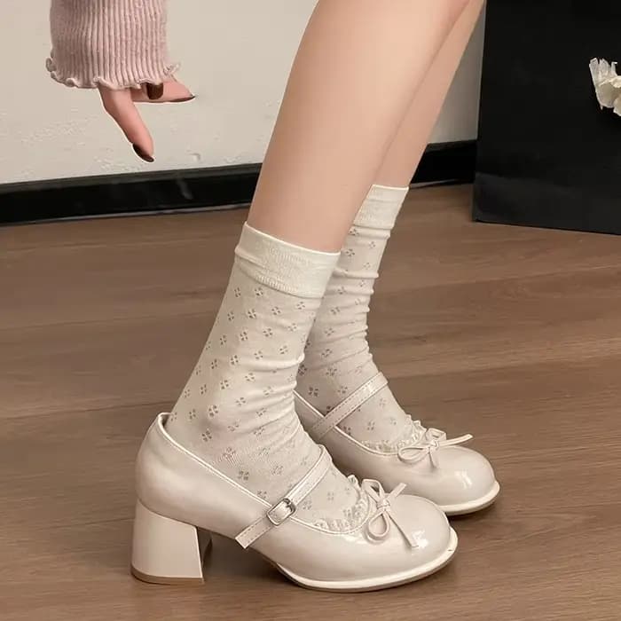 Chaussures Mary Jane rétro à talon épais et nœud papillon en dentelle pour femme