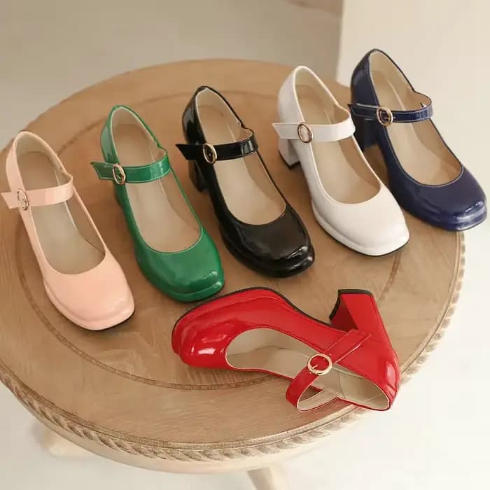 PU cuir verni vert bleu marine bout fermé dames matures pompes de bureau boucle sangle Vintage femmes Mary Janes chaussures bloc talons
