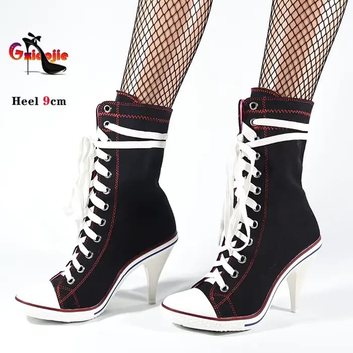 Chaussures simples femme Denim toile chaussures bout rond talons hauts mode baskets hautes à lacets Denim femmes bottes en toile décontractées