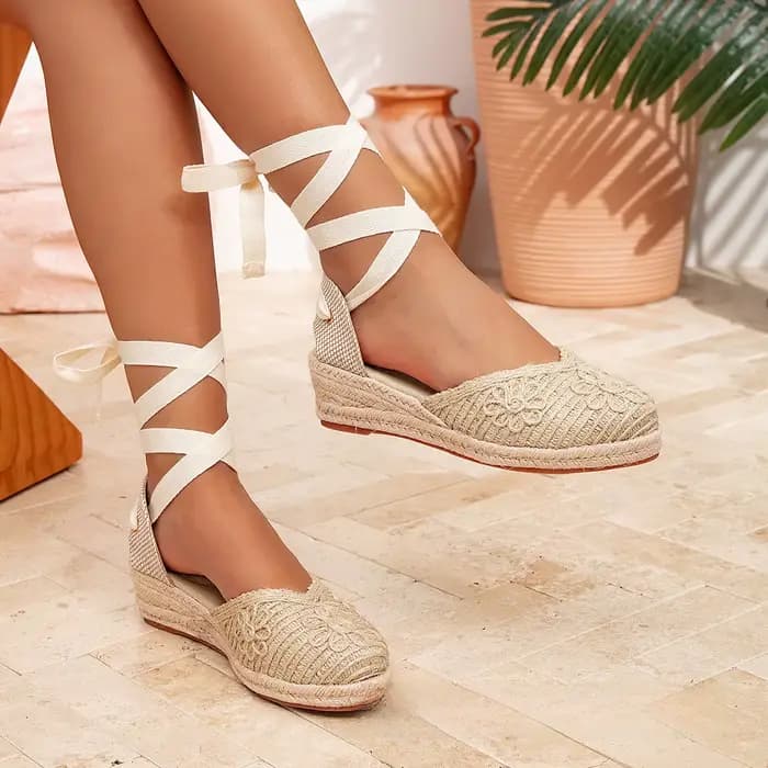 Sandales compensées en corde de lin tressée à bout ouvert, style romain, grandes tailles, pour femme, été, automne, printemps