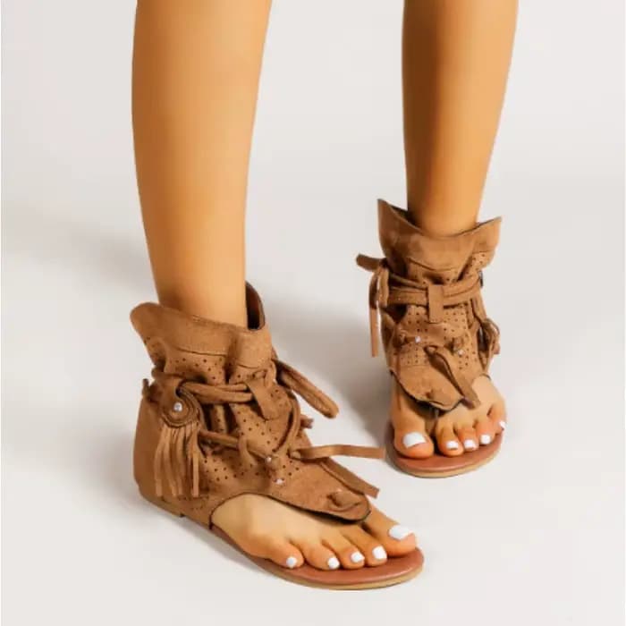 Nouvelles Sandales Femme 2026 Rétro Style Gladiateur à Clip d'Orteil Bottes Vintage Décontractées à Pompons Mode