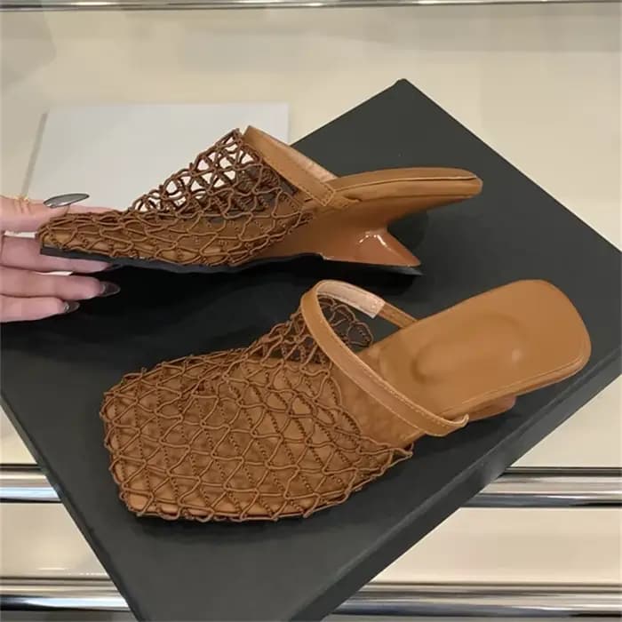 Eilyken Design respirant maille Mule pantoufles femme pompes élégant bout carré étrange talons bas fête dames chaussures coulissantes