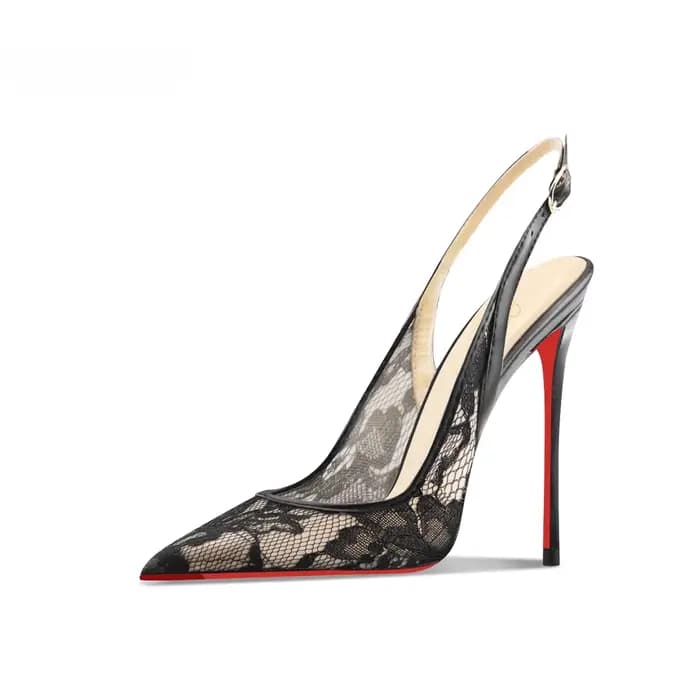 Sandales à talons hauts en dentelle noire à bout pointu