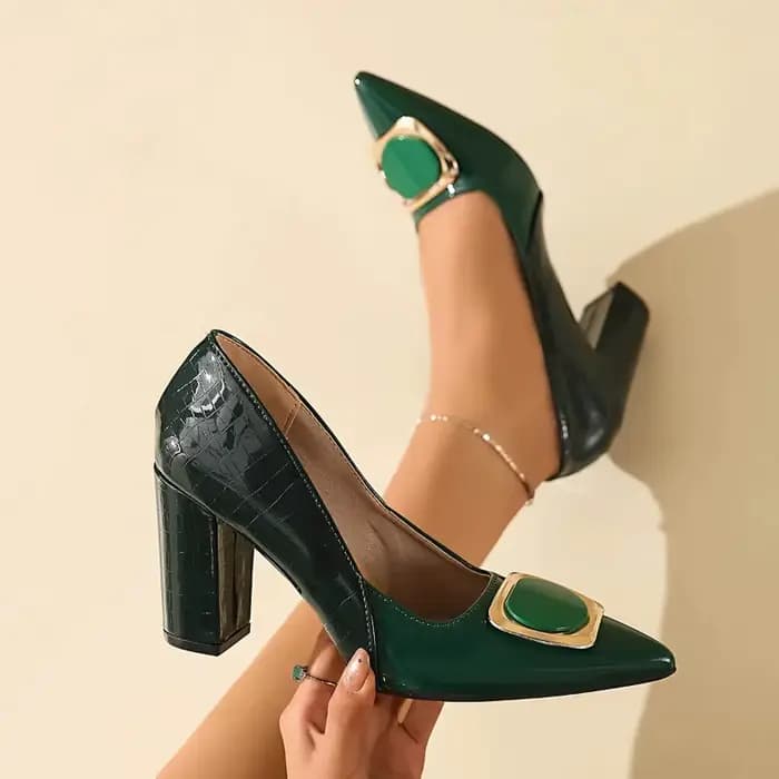 Escarpins à talon bloc français pour femme, à bout pointu, décolletés, avec boucle métallique