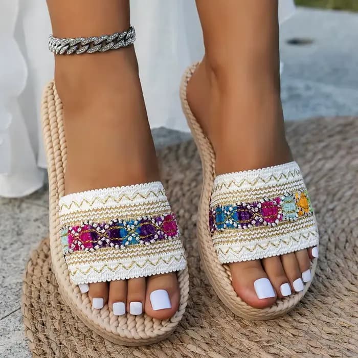 Sandales plates d'extérieur pour femmes, style bohème ethnique, grandes tailles, tendance 2026, avec pompons, pour la plage, Zapatos De Mujer