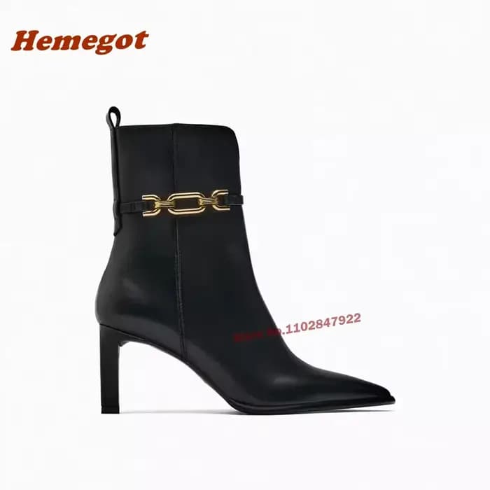 Bottines à talons hauts en cuir avec décorations métalliques, chaîne noire, à enfiler, pour femme, talons aiguilles, bottines courtes de luxe pour l'hiver