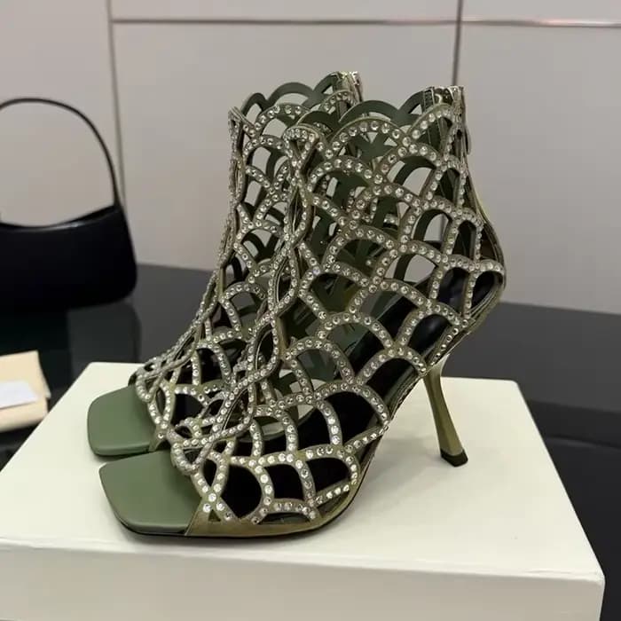 Sandales à talons hauts et fins en cristal brillant pour femmes, bottes ajourées à bout ouvert avec strass scintillants, chaussures de robe de Banquet pour printemps et été