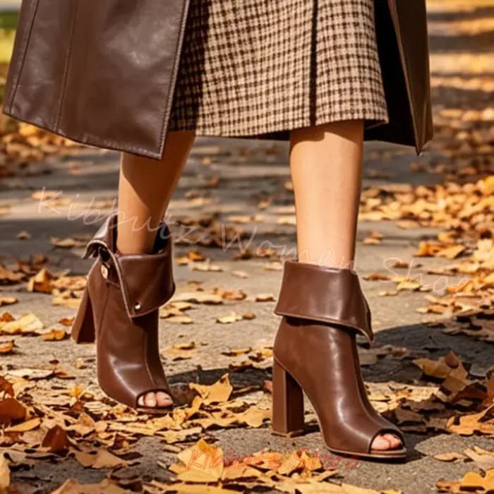 Bottines pour femmes à bout ouvert, talons carrés épais, fermeture éclair, style vintage, décontractées, en cuir, couleur unie, mode, sexy, élégantes