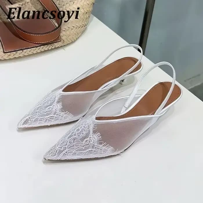 Mode Satin dentelle chaton talons bout pointu sandales femmes pompes talons bas sangle arrière Sandalias été élégant Banquet chaussures