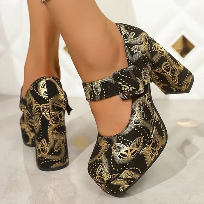Escarpins Vintage imprimé papillon pour femmes, chaussures à plateforme à talons épais, Mary Janes, Chic, boucle à la cheville, chaussures à talons hauts pour dames
