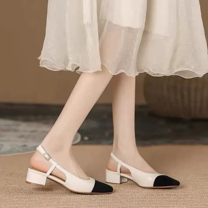 Sandales à talon moyen style français pour femme, polyvalentes, à bout ouvert, sans bride arrière, color block, à boucle, semelle en caoutchouc, pour l'été
