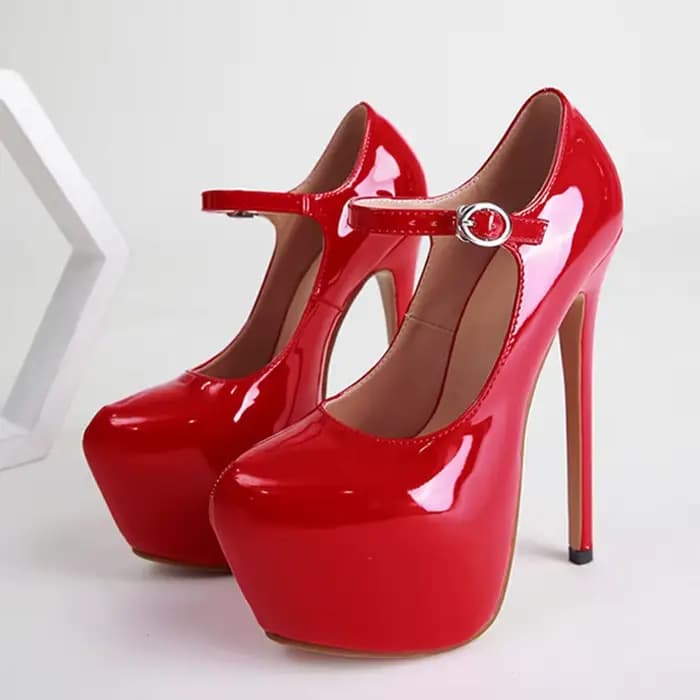 Escarpins à plateforme en cuir verni pour femmes, chaussures Sexy à talons hauts rouges de 17cm, à bout rond avec sangle à boucle, pour soirée de mariage