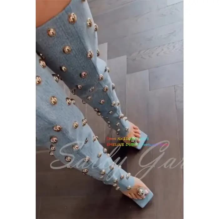 Rivets en métal doré embellissement botte à talons hauts femmes Denim bout carré talon aiguille dos fermeture éclair tongs cuissardes