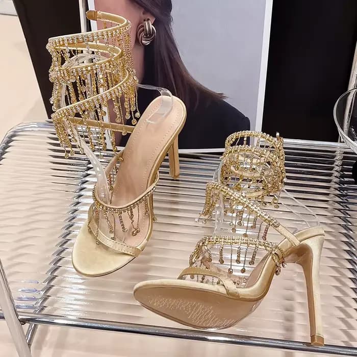 Chaussures dorées mode strass Peep Toe dames talons hauts