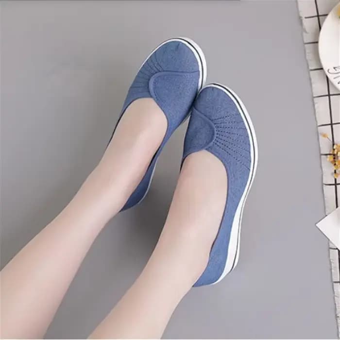 Chaussures en toile à talon incliné pour femmes, chaussures de travail décontractées, bouche peu profonde, semelle souple, anti-odeur, respirant, grill, bleu denim