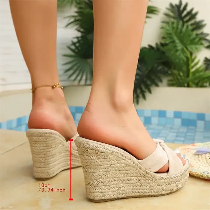 Sandales compensées espadrilles bohèmes à nœud pour femme, à bout ouvert, à enfiler, talon plateforme 10 cm, mules décontractées, chaussures de plage