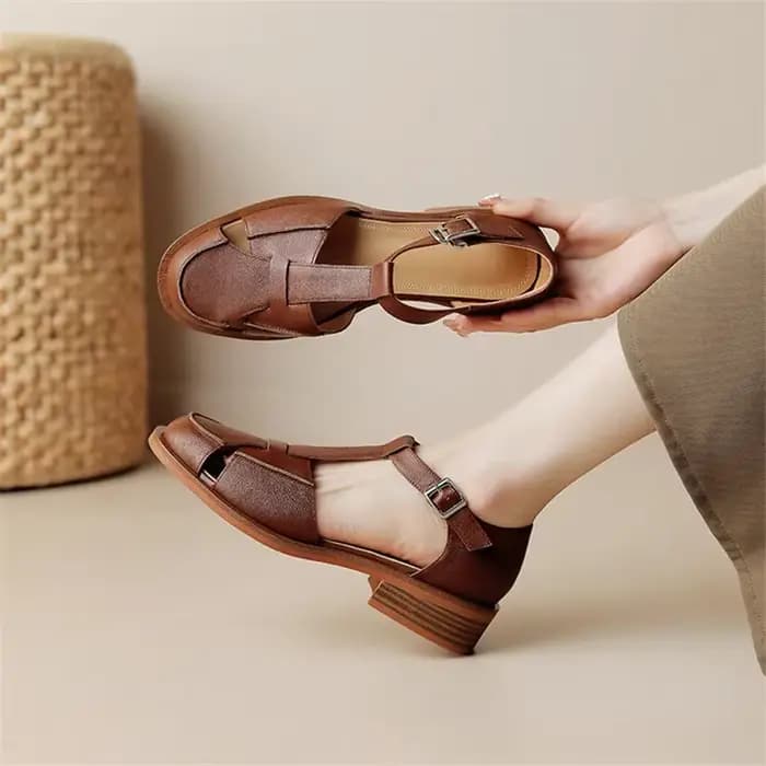 Sandales d'Été Rondes en Cuir de Vache pour Femme