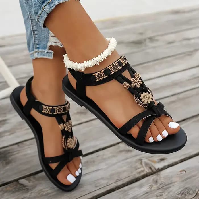 Sandales bohème perlées à fleurs pour femmes été 2025 Style romain