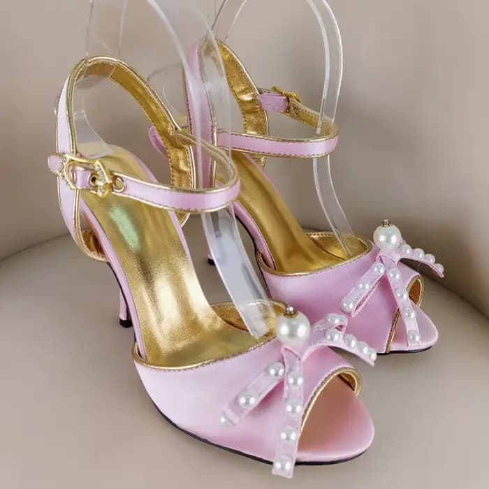 Sandales à talon aiguille rose perlé avec nœud et bride cheville pour femme