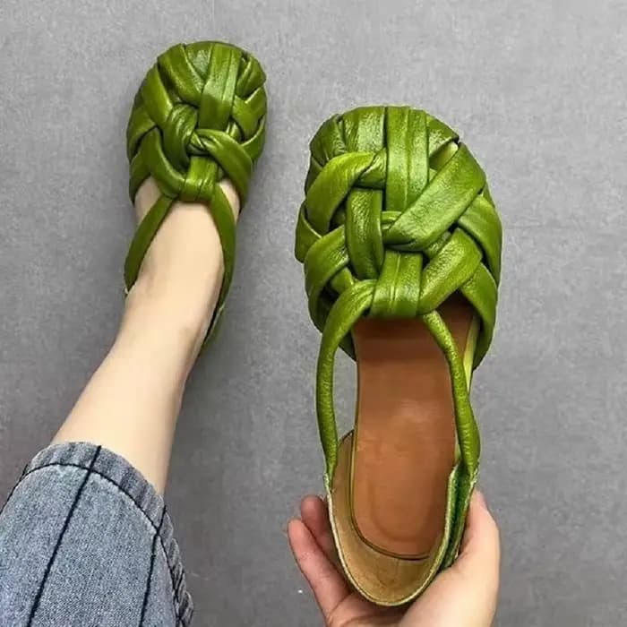 Sandales plates rétro en cuir véritable tressé rouge pour femme