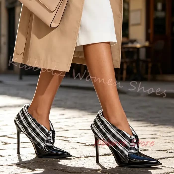 Escarpins Gingham pour femme, style vintage, col asymétrique, bout pointu, talon aiguille fin, à enfiler, élégants pour soirée, en cuir, nouveauté
