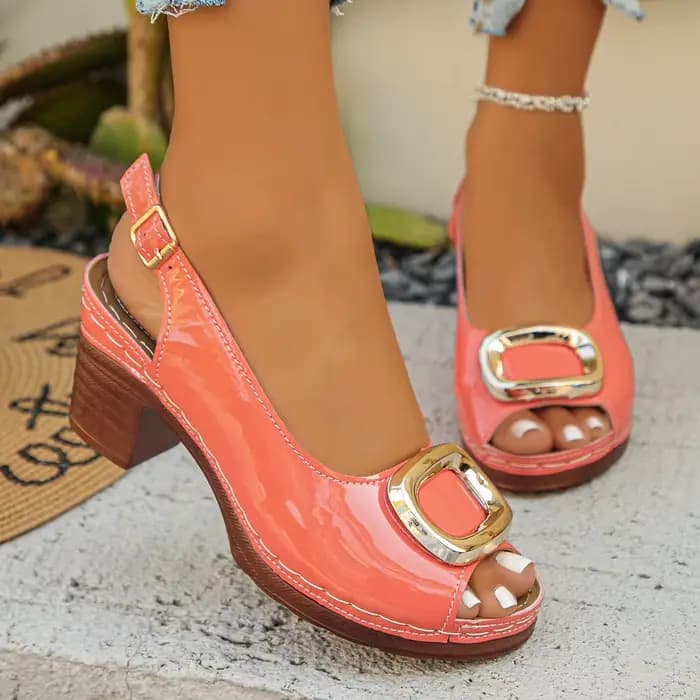 Sandales d'été sexy en cuir verni à talons épais pour femme