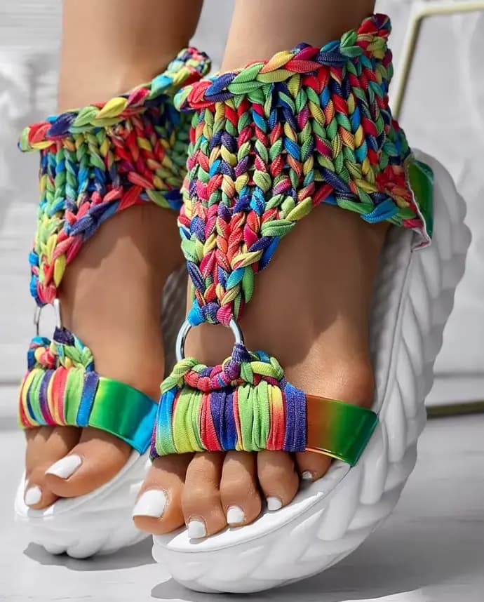 Sandales à Plateforme Tressées avec Anneau Rond pour Femme