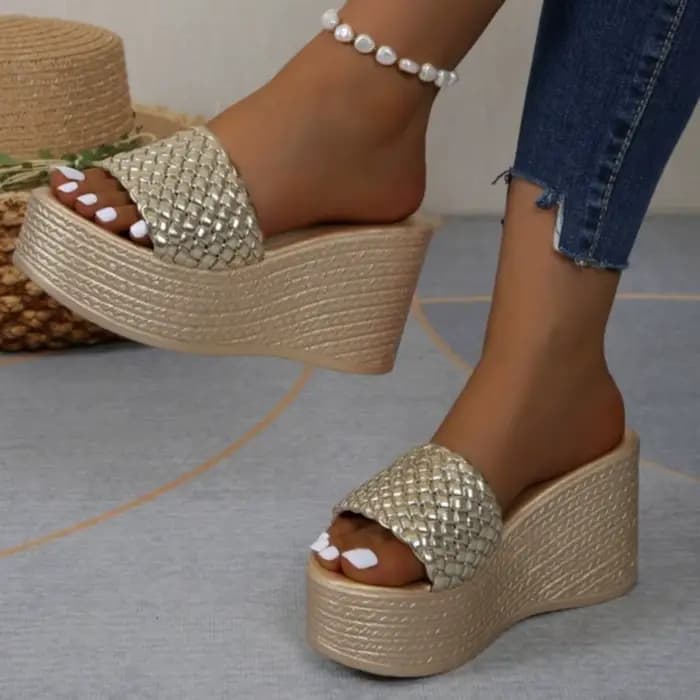 Femmes luxe décor sandales Super talons hauts or tissage compensées mode été décontracté en plein air plate-forme fête élégant Sexy 2025 nouveau