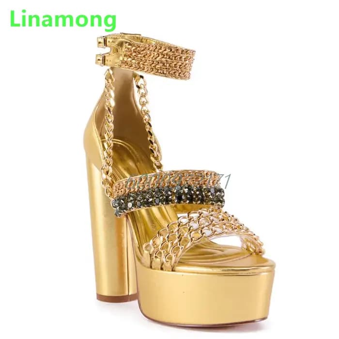 Sandales à talons carrés et plateforme dorée pour femmes