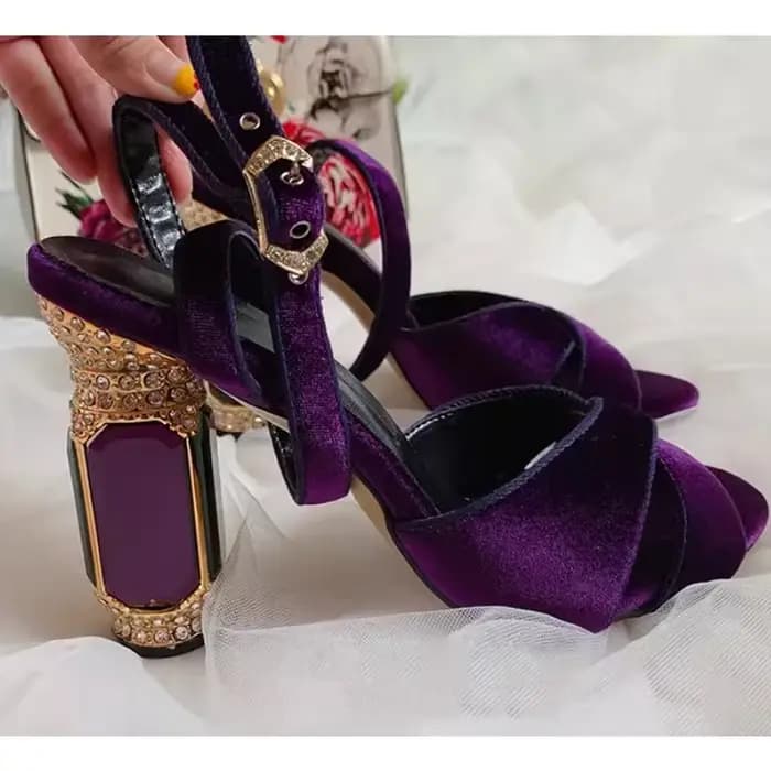 Sandales à talon épais en strass de verre violet pour femme