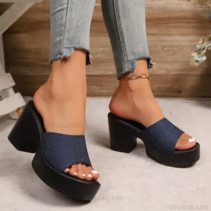 Mules en Denim à talons hauts pour femmes, pantoufles à talons épais, sandales coulissantes à bout ouvert, chaussures d'été décontractées à la mode Zapatos De Mujer