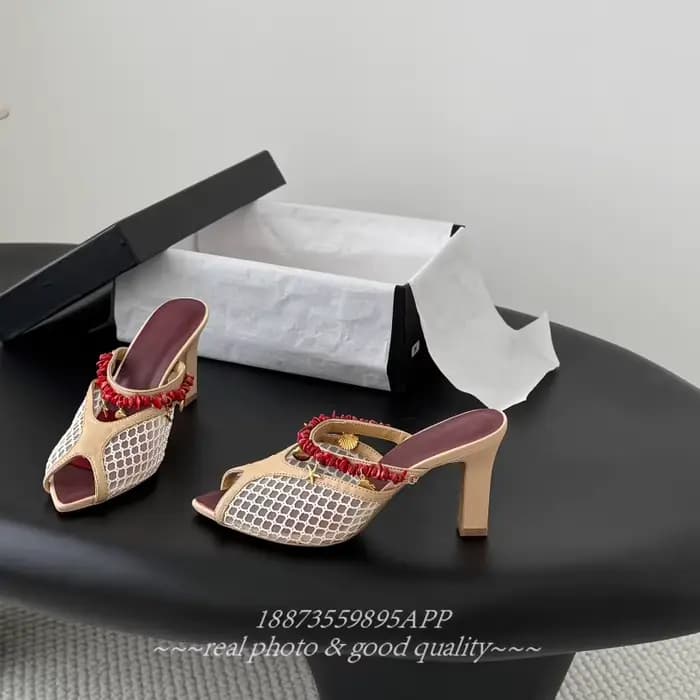 Sandales résille été 2026 avec empeigne en cuir - Sandales femme tendance à bout ouvert pour l'extérieur - Décoration chaîne