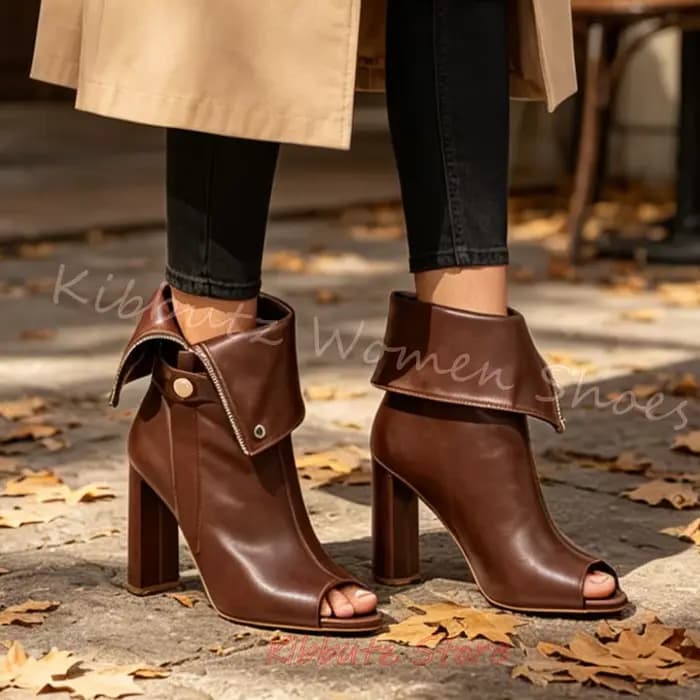 Bottines pour femmes à bout ouvert, talons carrés épais, fermeture éclair, style vintage, décontractées, en cuir, couleur unie, mode, sexy, élégantes